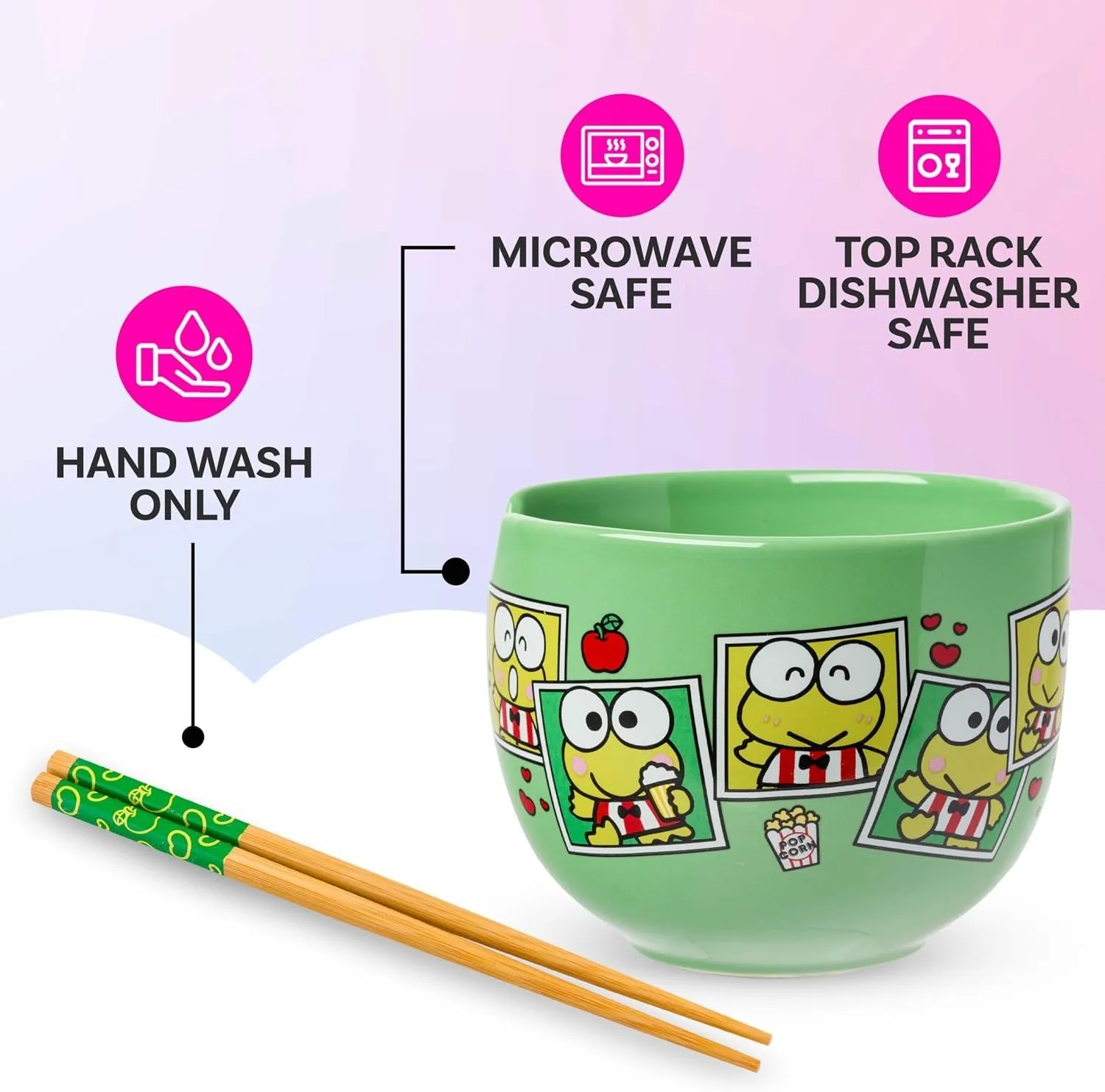 Hello Kitty Keroppi Ceramic Ramen Bowl and Chopstick Set Snap Shots 20 oz