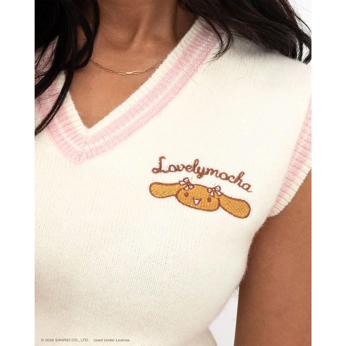 Hello Kitty Lovelymocha x JapanLA strikkevest beige/rosa brodert S–2XL