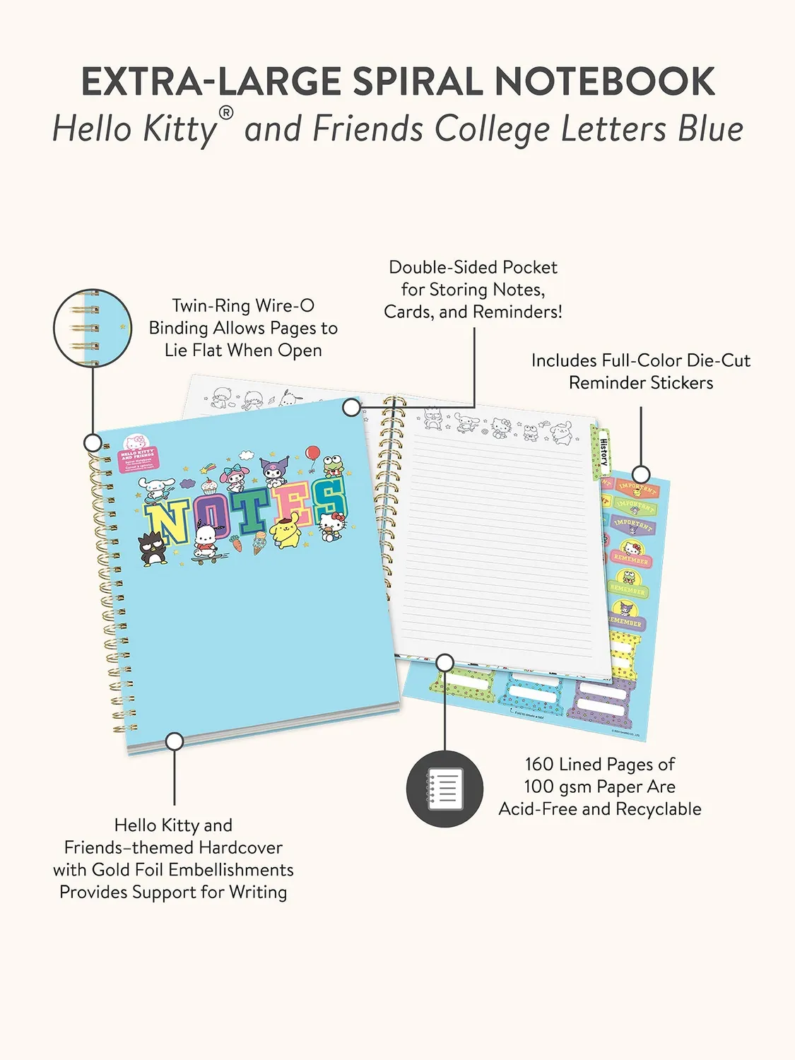 Hello Kitty and Friends x Studio Oh! College Letters Blue spiralnotatbok ekstra stor