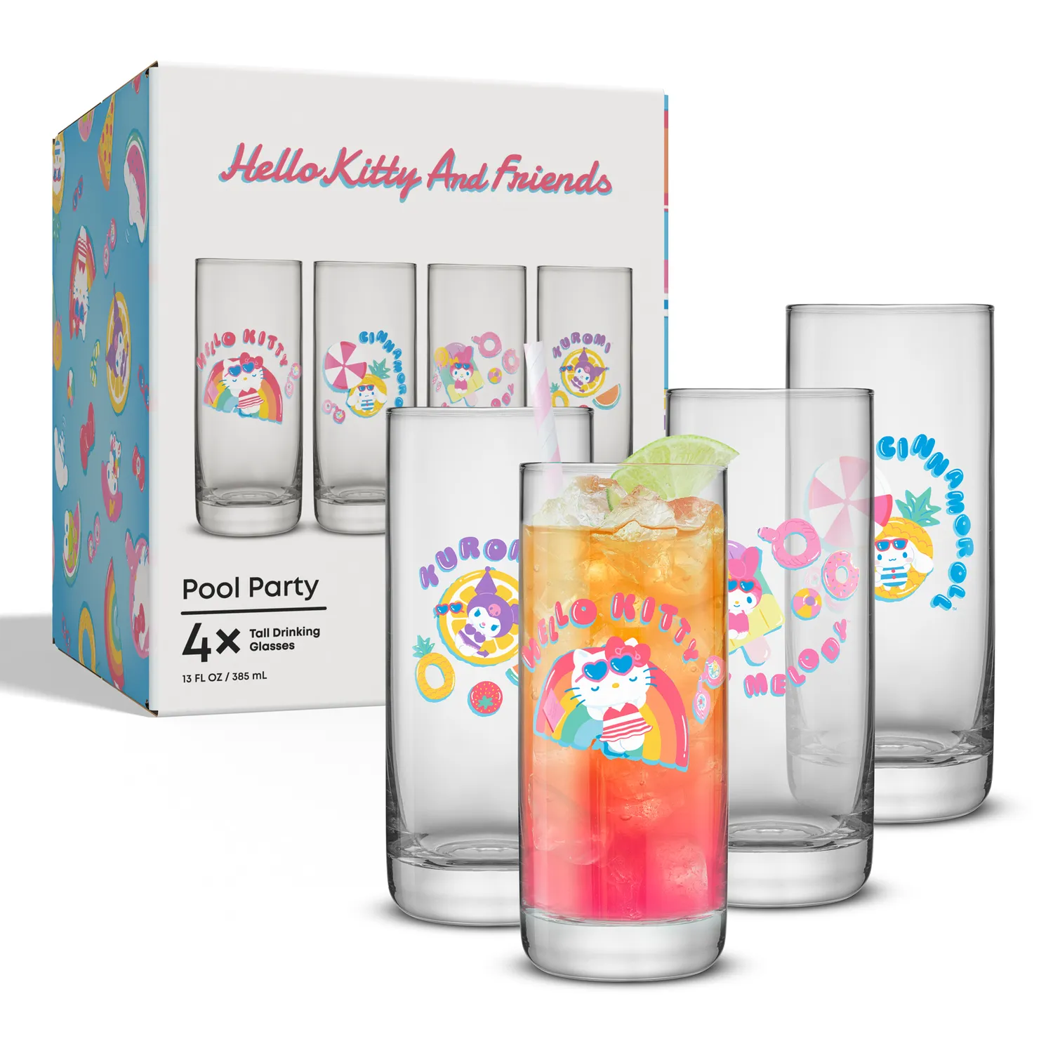JoyJolt Hello Kitty and Friends Pool Party Tall Drinking Glasses drikkeglass 4-pakning