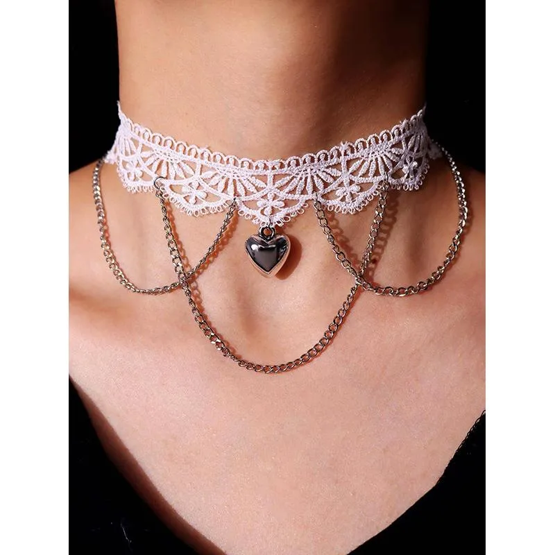 Neo Tokyo Lolita Fashion White Lace Choker & Heart Pendant choker hvit