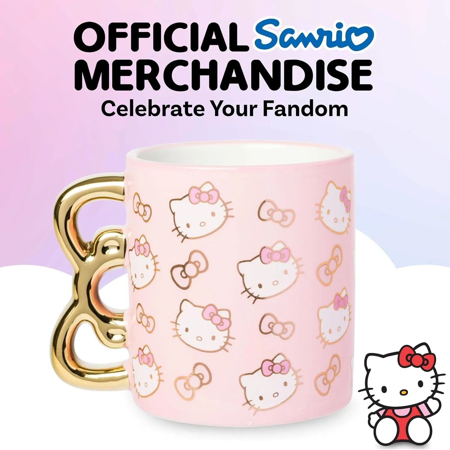 Hello Kitty Sculpted Bow Ceramic Mug Pink & Gold krus 20 oz