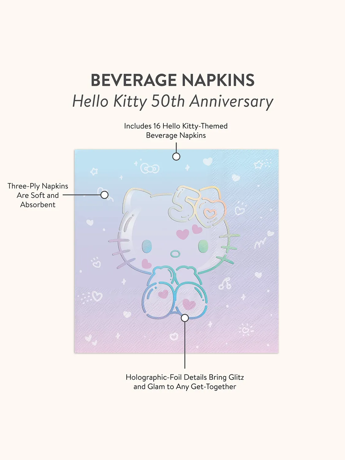 Hello Kitty x Studio Oh! 50th Anniversary drikkeservietter 16 stk folie
