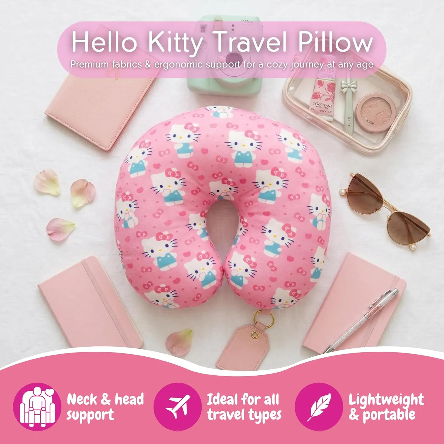 Hello Kitty Travel Neck Pillow nakkepute Bows & Hearts ergonomisk