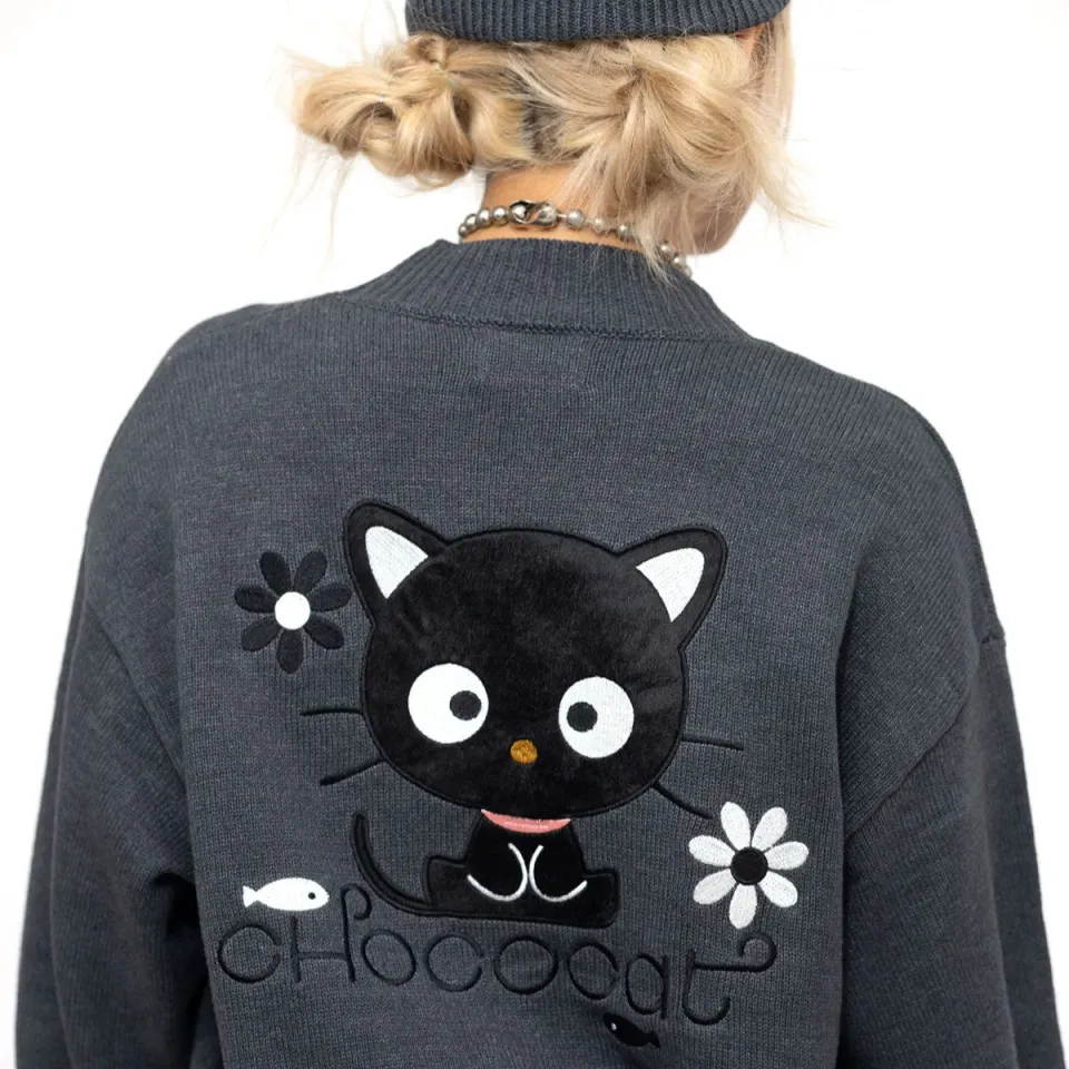 Hello Kitty Chococat Flowers Embroidered Knit cardigan svart