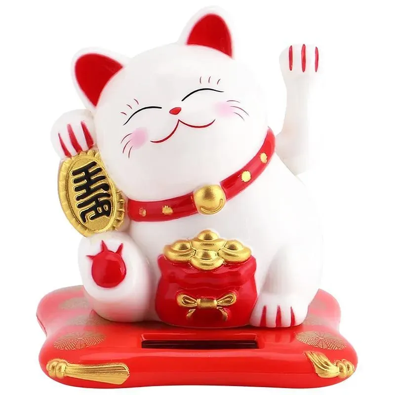 Neo Tokyo Maneki Neko Lucky Cat hvit smilende figur 14 cm solcelledrevet