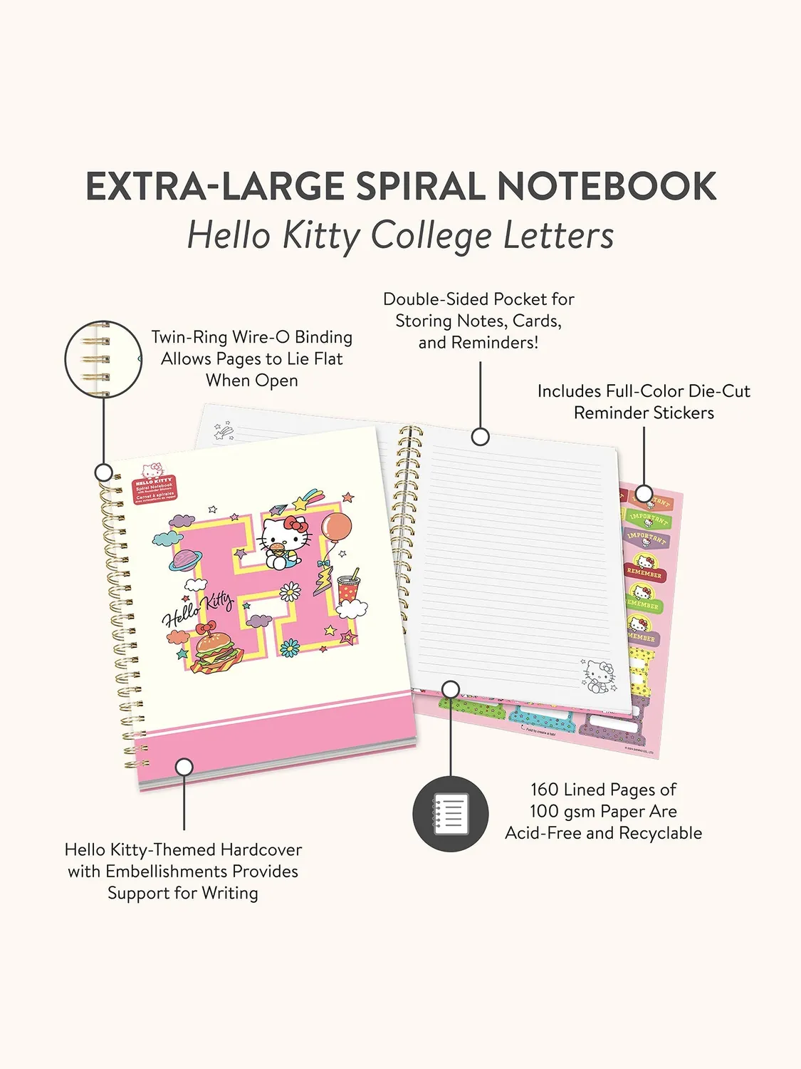 Hello Kitty x Studio Oh! College Letters spiralnotatbok ekstra stor