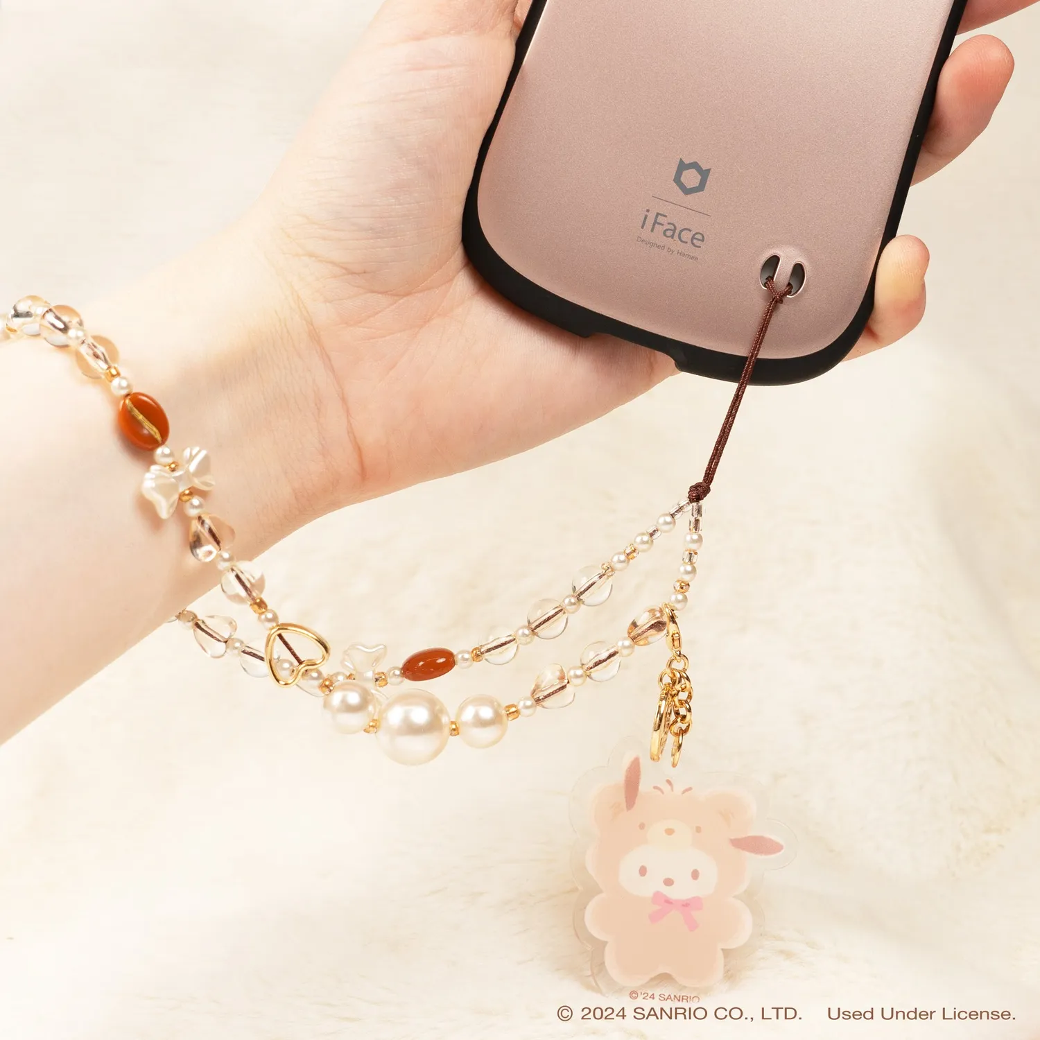 Hello Kitty Pochacco Latte Bear perlepyntet mobilrem med avtakbar charm