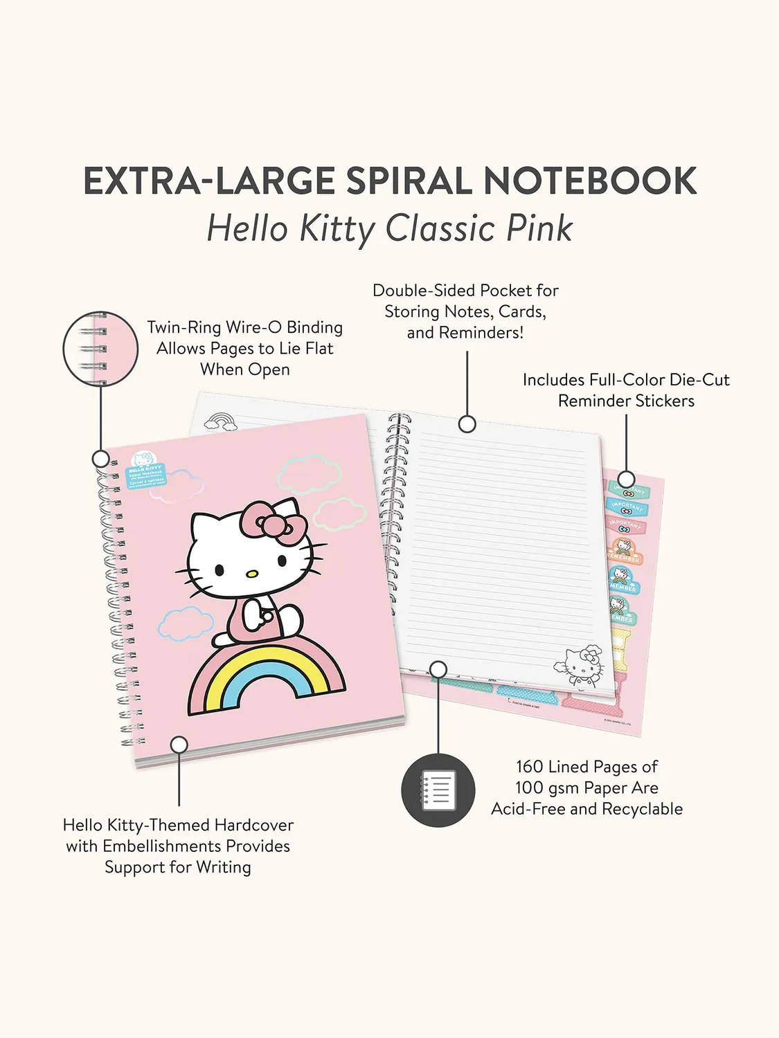 Hello Kitty x Studio Oh! Classic Pink spiralnotatbok ekstra stor