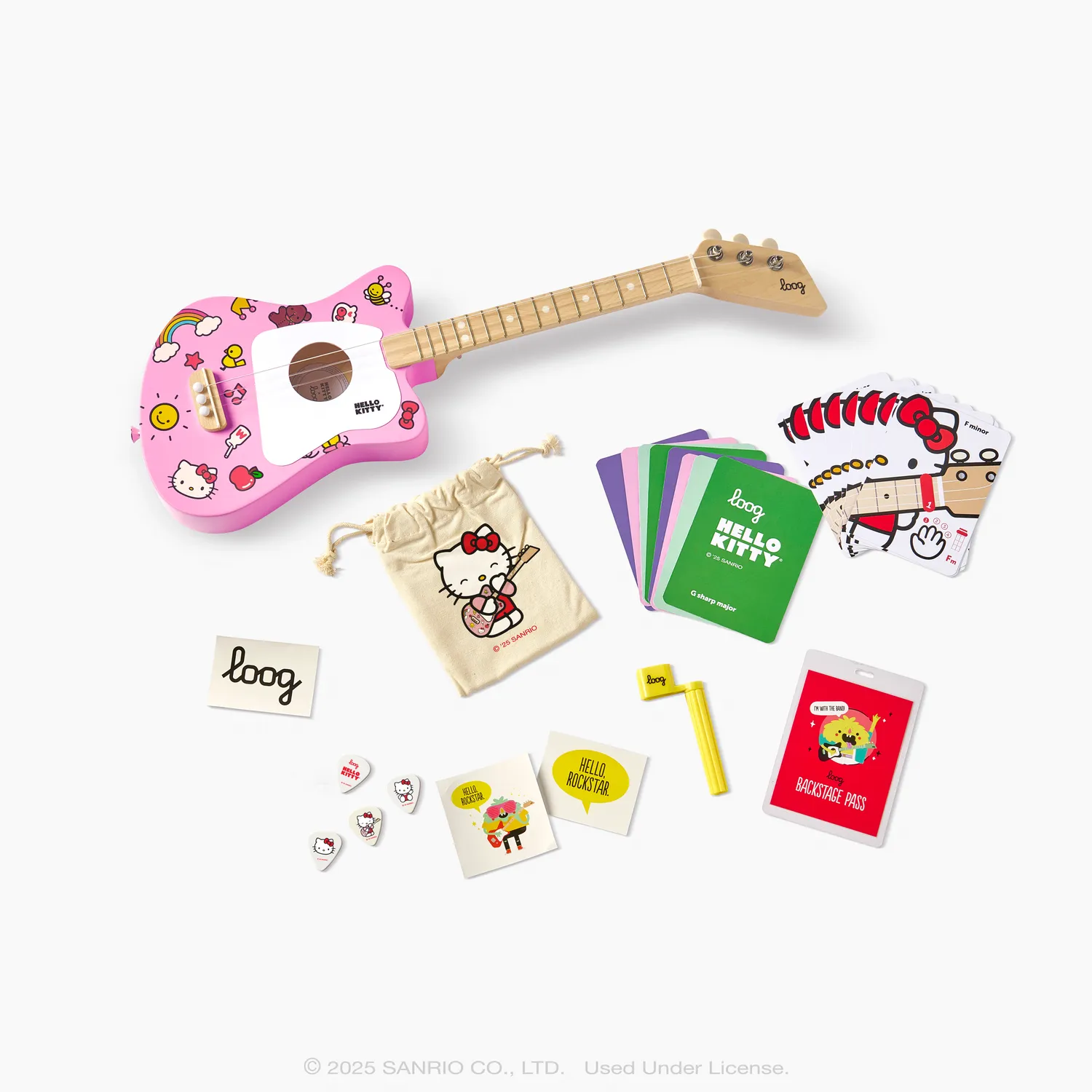 Hello Kitty x Loog Kids Mini akustisk gitar rosa 3-strengers