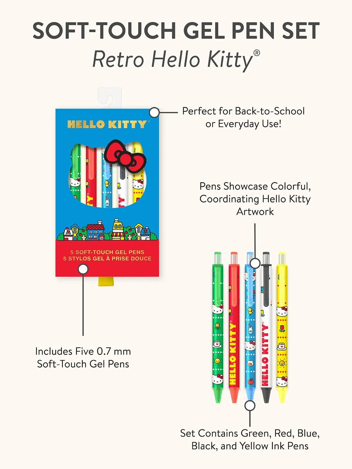 Hello Kitty x Studio Oh! Retro Red Soft-Touch gelpenner, 5-pakning