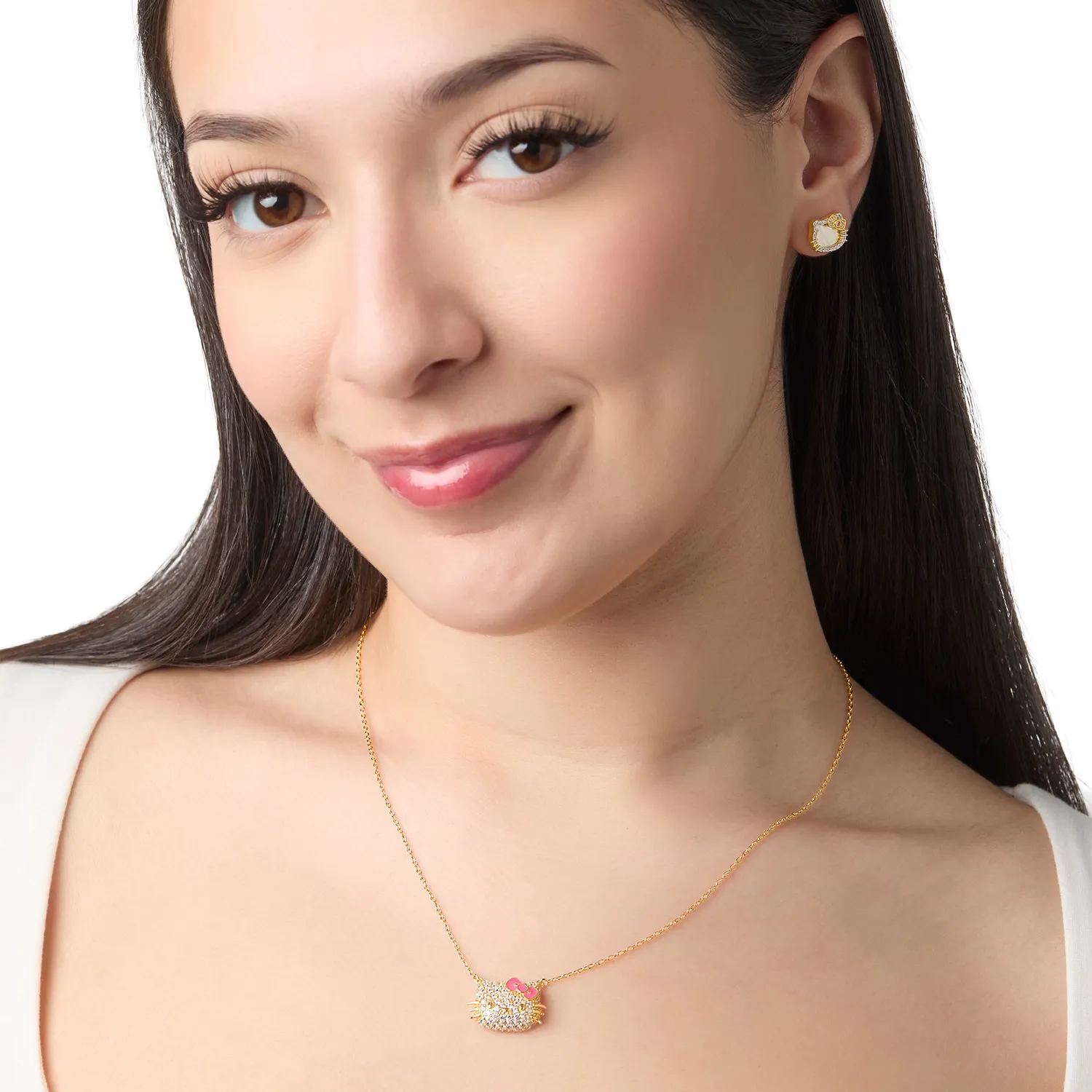 Hello Kitty 18” Gold Plated Face Pave 3D Necklace halskjede 18 tommer