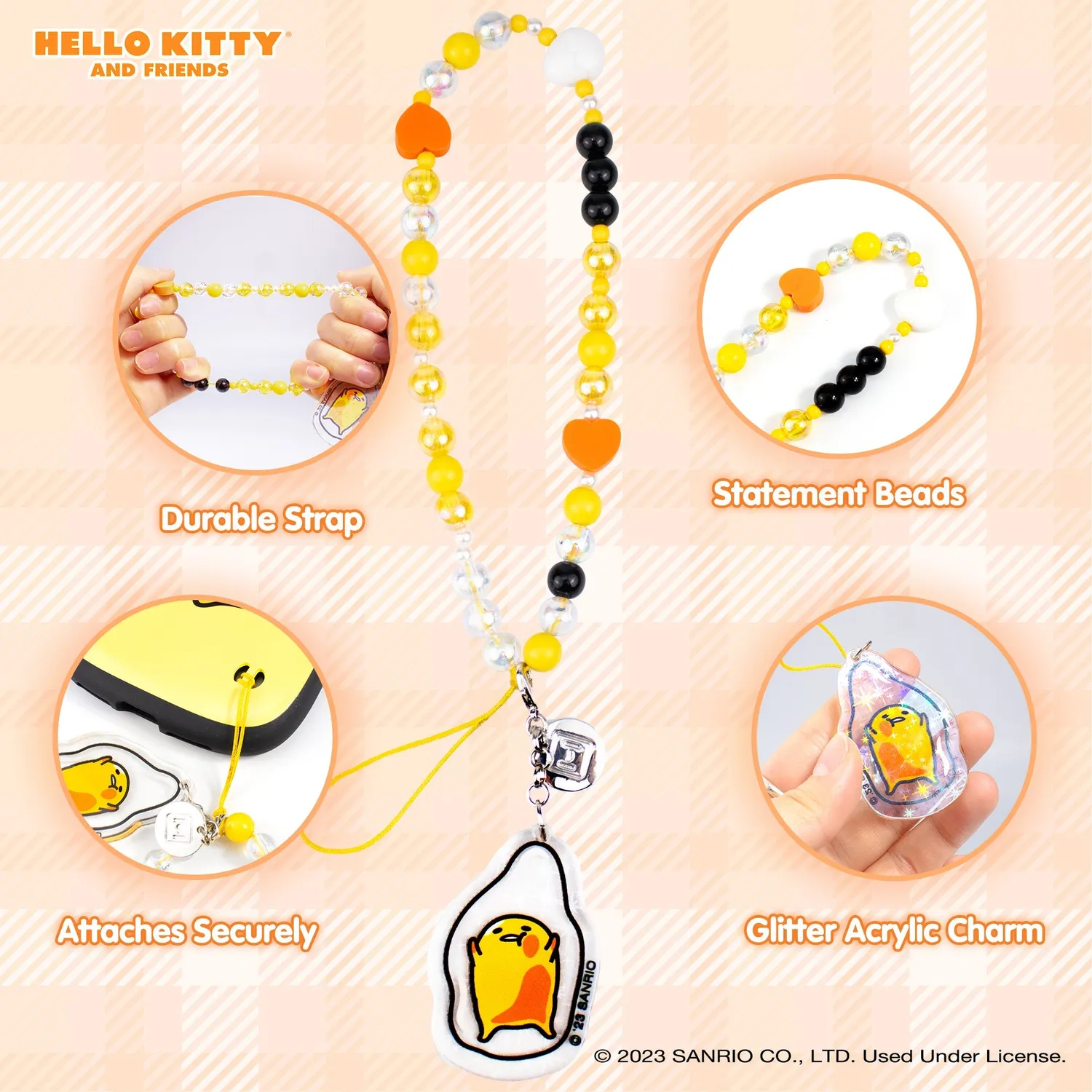 Gudetama Beaded Charm mobilrem med avtakbar glittercharm