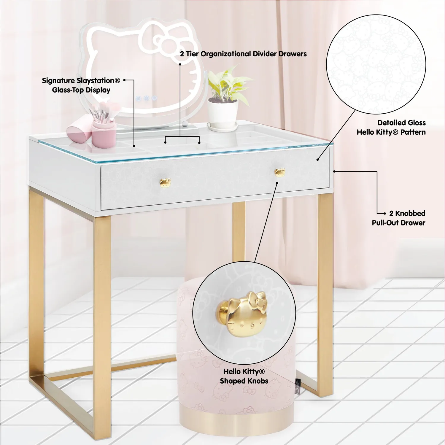 Hello Kitty SlayStation Mini Vanity Table sminkebord gull med glassplate