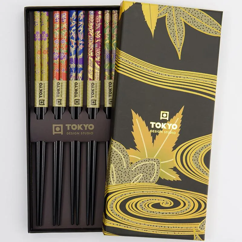 Neo Tokyo Golden Leaf Pattern spisepinner 5 par bambus