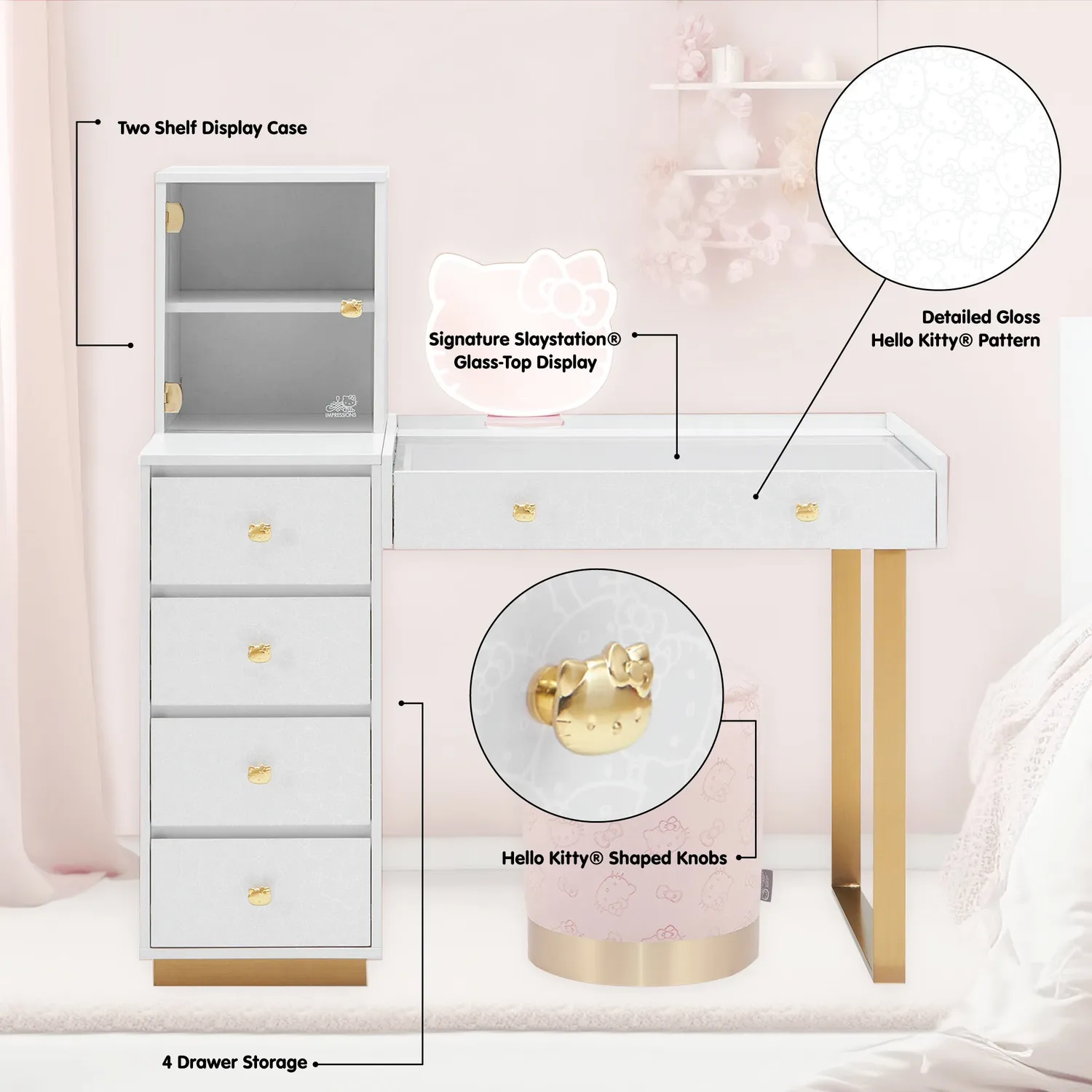 Hello Kitty SlayStation Duet Vanity Desk sminkebord sølv/gull