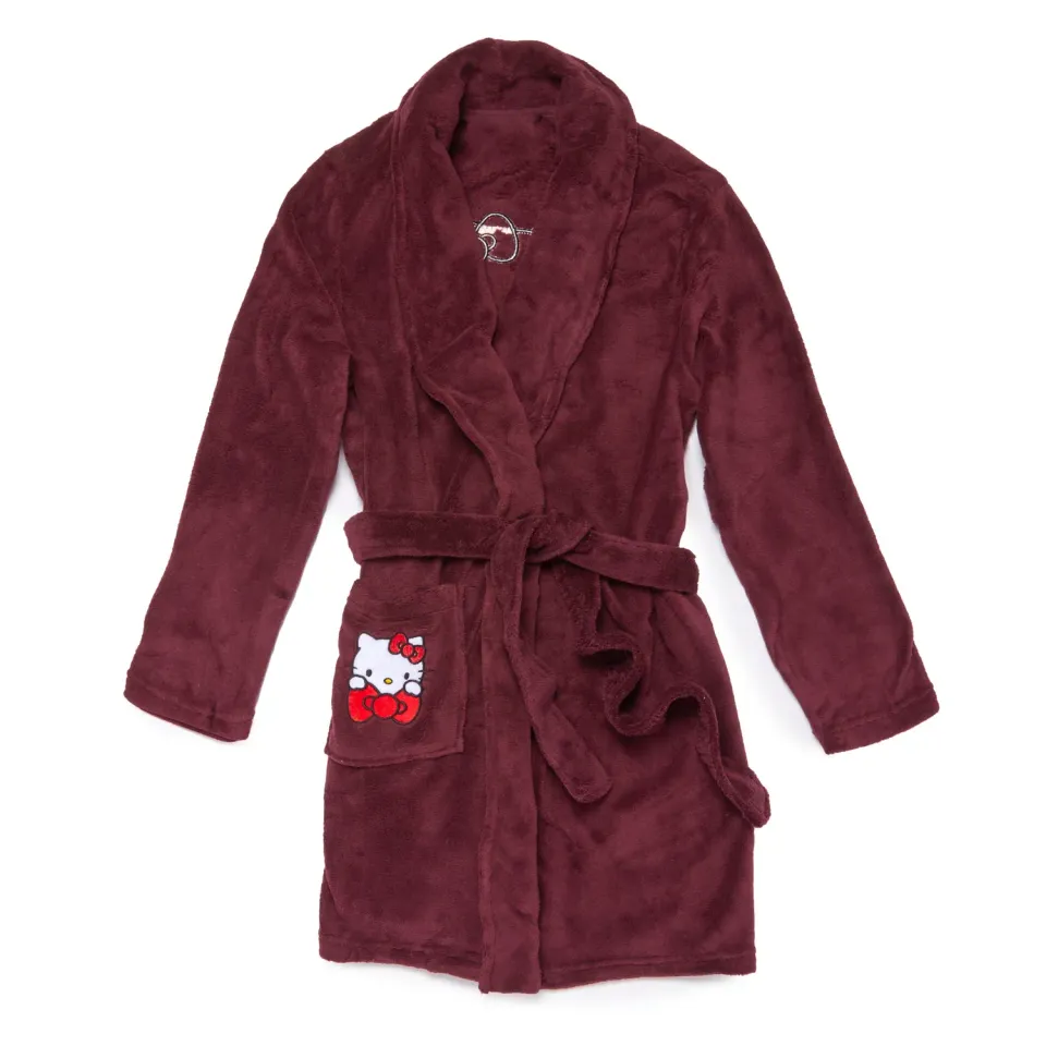 Hello Kitty Plush Lounge Robe morgenkåpe burgunder S/M og L/XL fleece