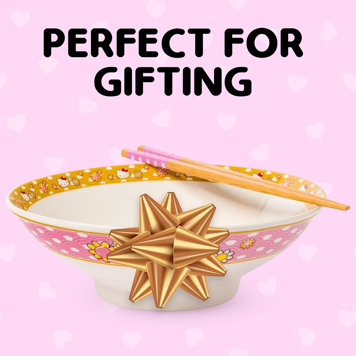 Hello Kitty Ceramic Noodle Bowl and Chopstick Set Golden Flowers nudelskål