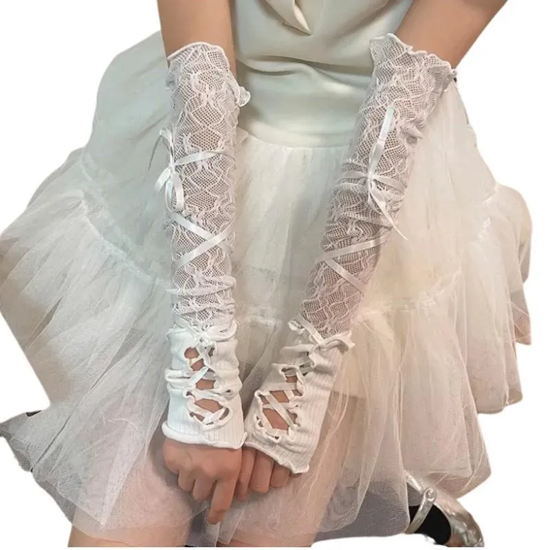 Neo Tokyo Lolita Fashion Fingerless Long Gloves hansker hvite