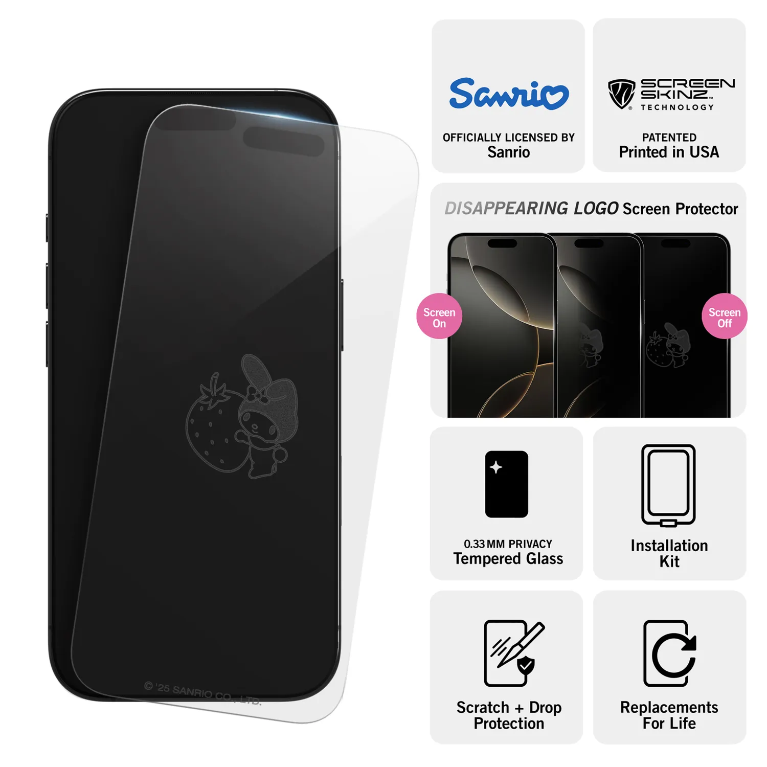 Screen Skinz My Melody Berry skjermbeskytter iPhone 14/13/13 Pro klart glass