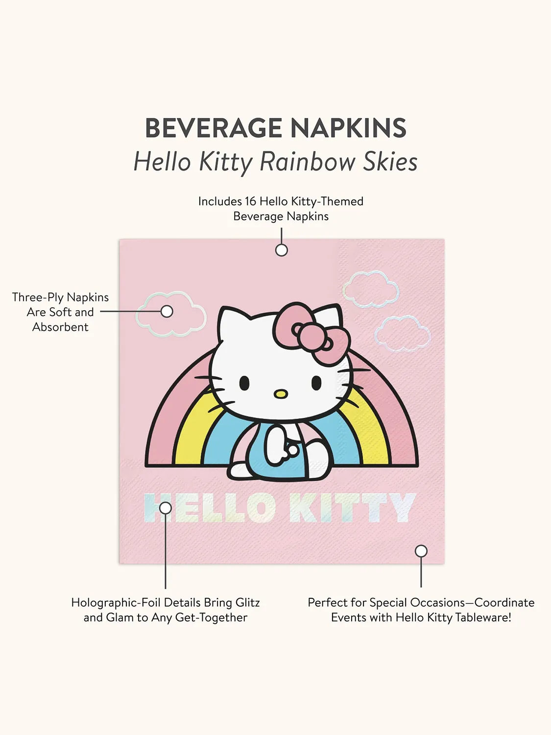 Hello Kitty Rainbow Skies drikkeservietter 16-pakning folie