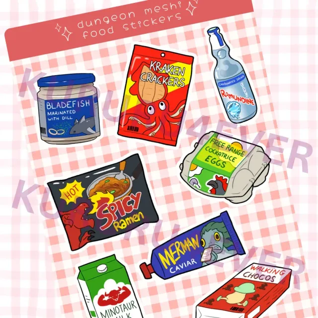 Kururu4ever Delicious in Dungeon Monster Food Sticker Sheet klistremerkeark laminert