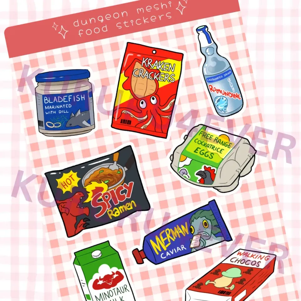 Kururu4ever Delicious in Dungeon Monster Food Sticker Sheet klistremerkeark laminert