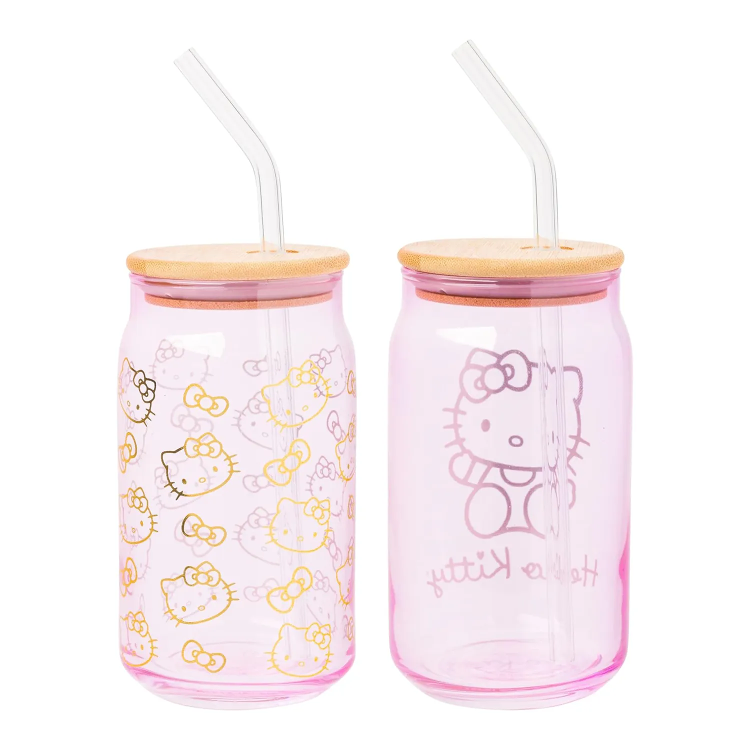 Hello Kitty Pink Glass Jar Tumblers glasskrus med bambuslokk 2-pakning