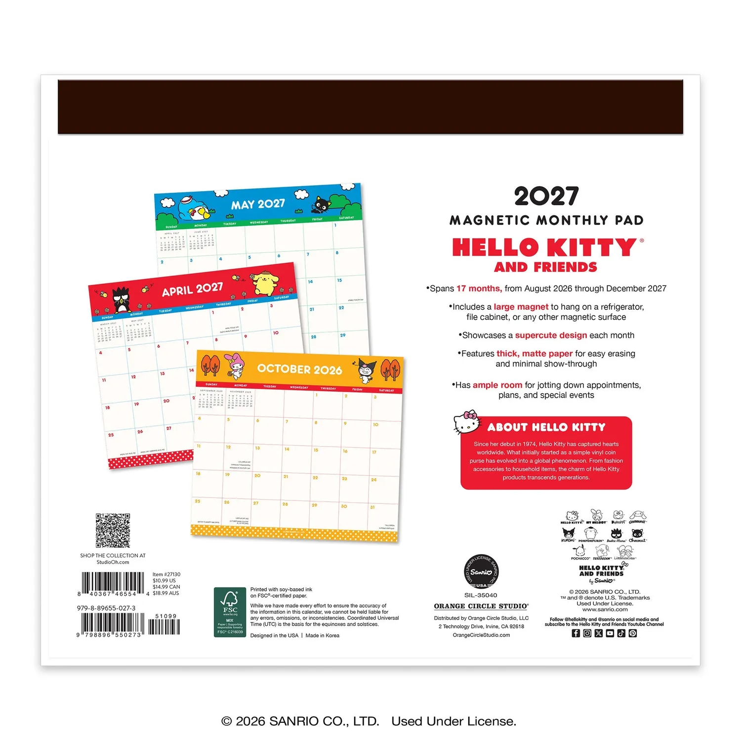 Hello Kitty and Friends 2027 Retro Magnetic Monthly Pad kalender 17 måneder