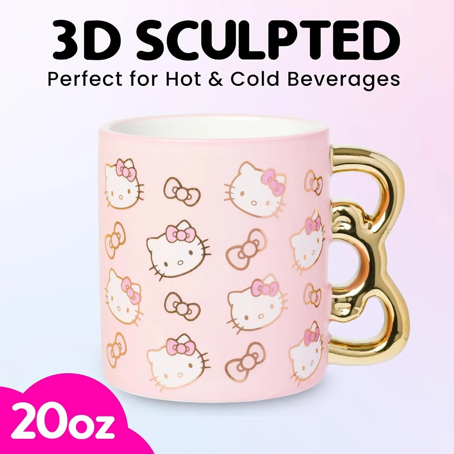 Hello Kitty Sculpted Bow Ceramic Mug Pink & Gold krus 20 oz