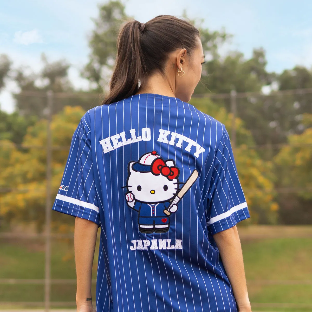 Hello Kitty x JapanLA Baseball Jersey baseballskjorte Blue brodert