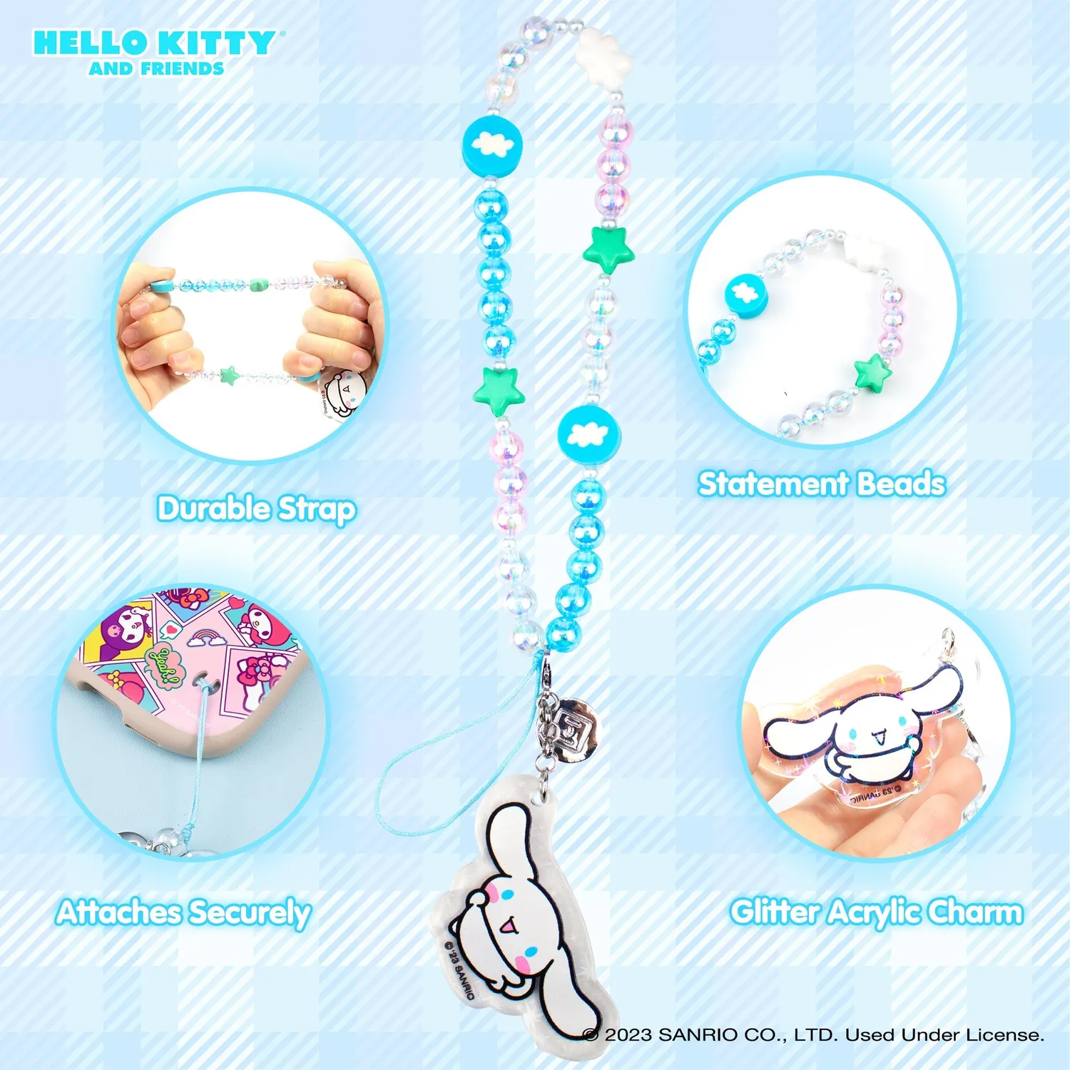 Hello Kitty Cinnamoroll Beaded Charm mobilrem med perler og anheng