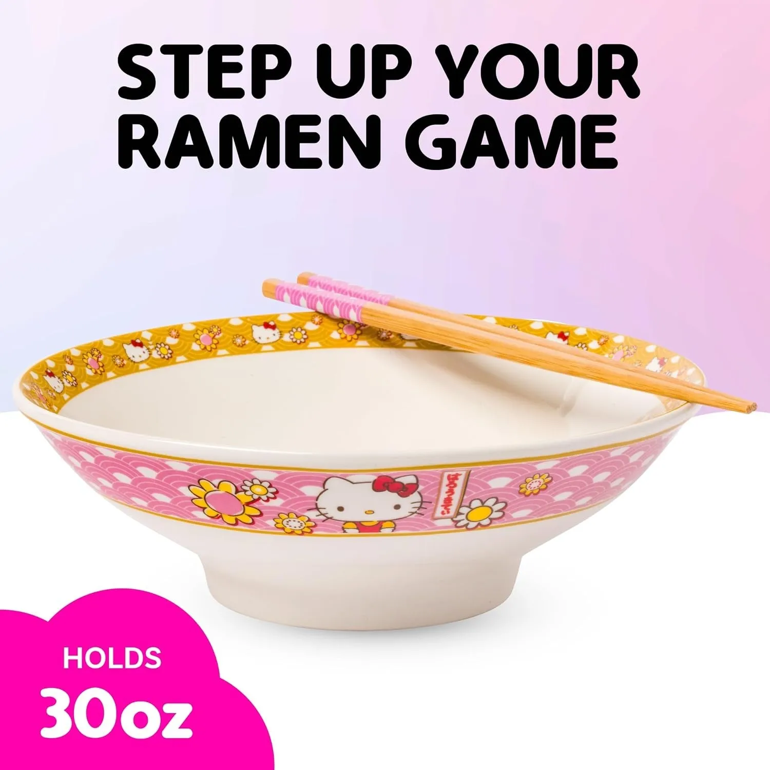 Hello Kitty Ceramic Noodle Bowl and Chopstick Set Golden Flowers nudelskål