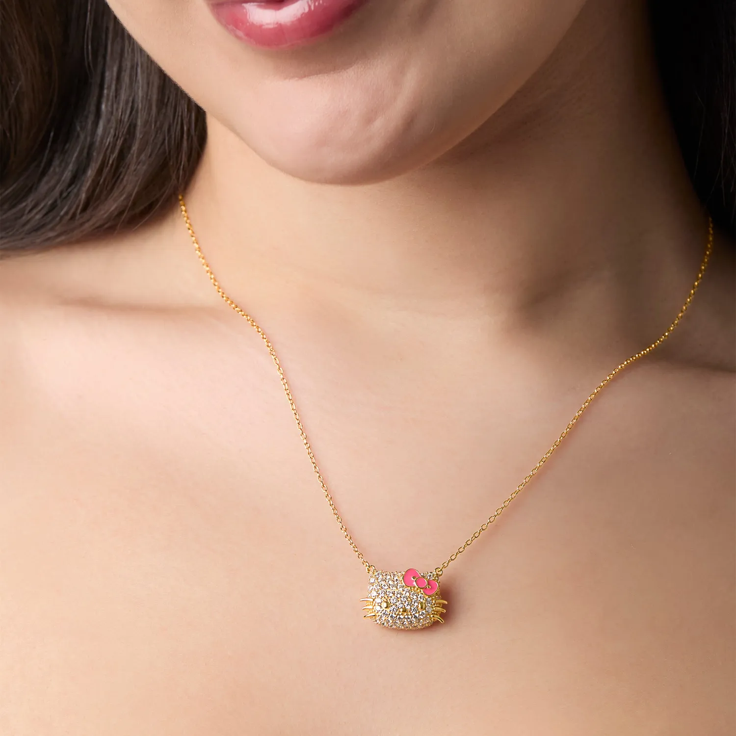 Hello Kitty 18” Gold Plated Face Pave 3D Necklace halskjede 18 tommer