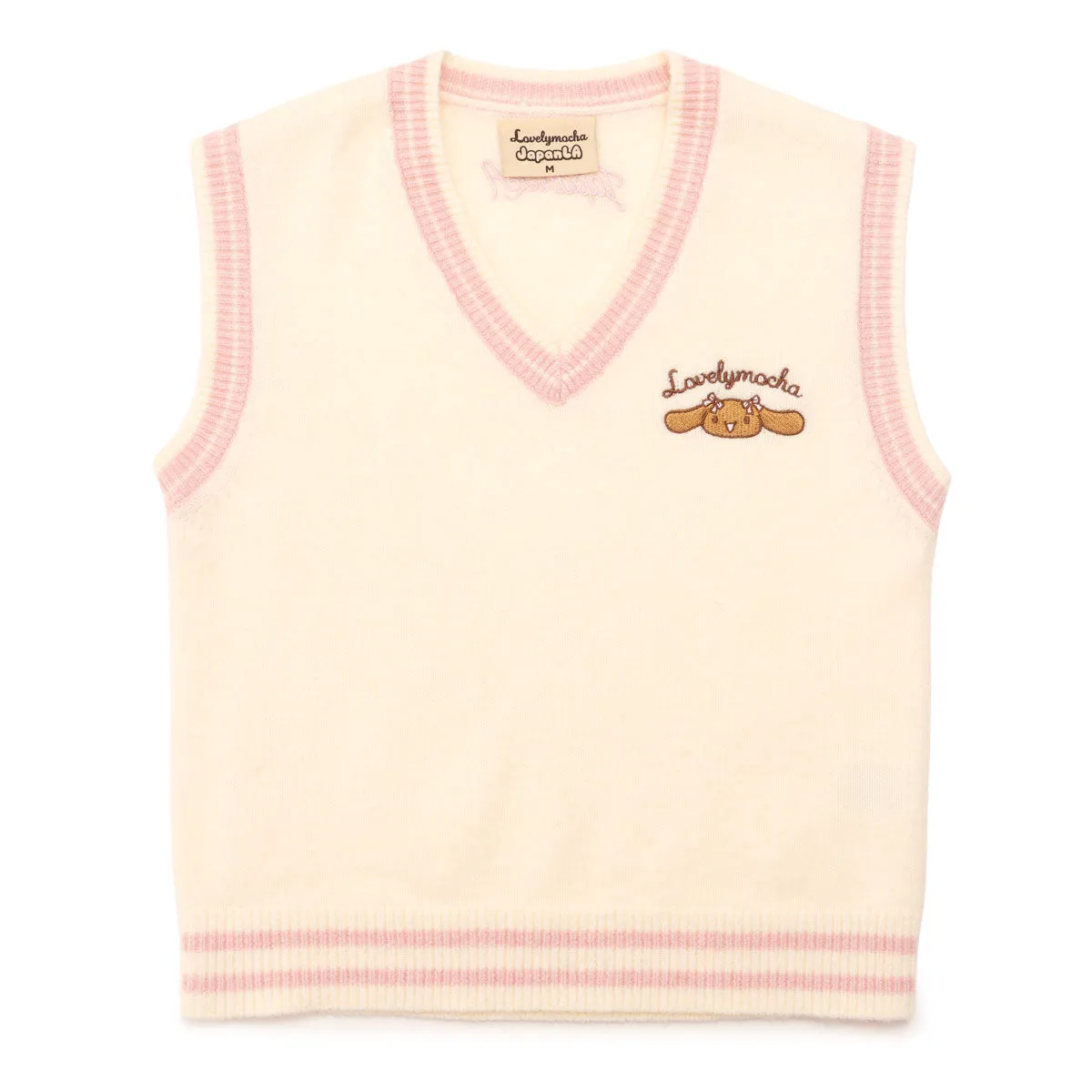Hello Kitty Lovelymocha x JapanLA strikkevest beige/rosa brodert S–2XL
