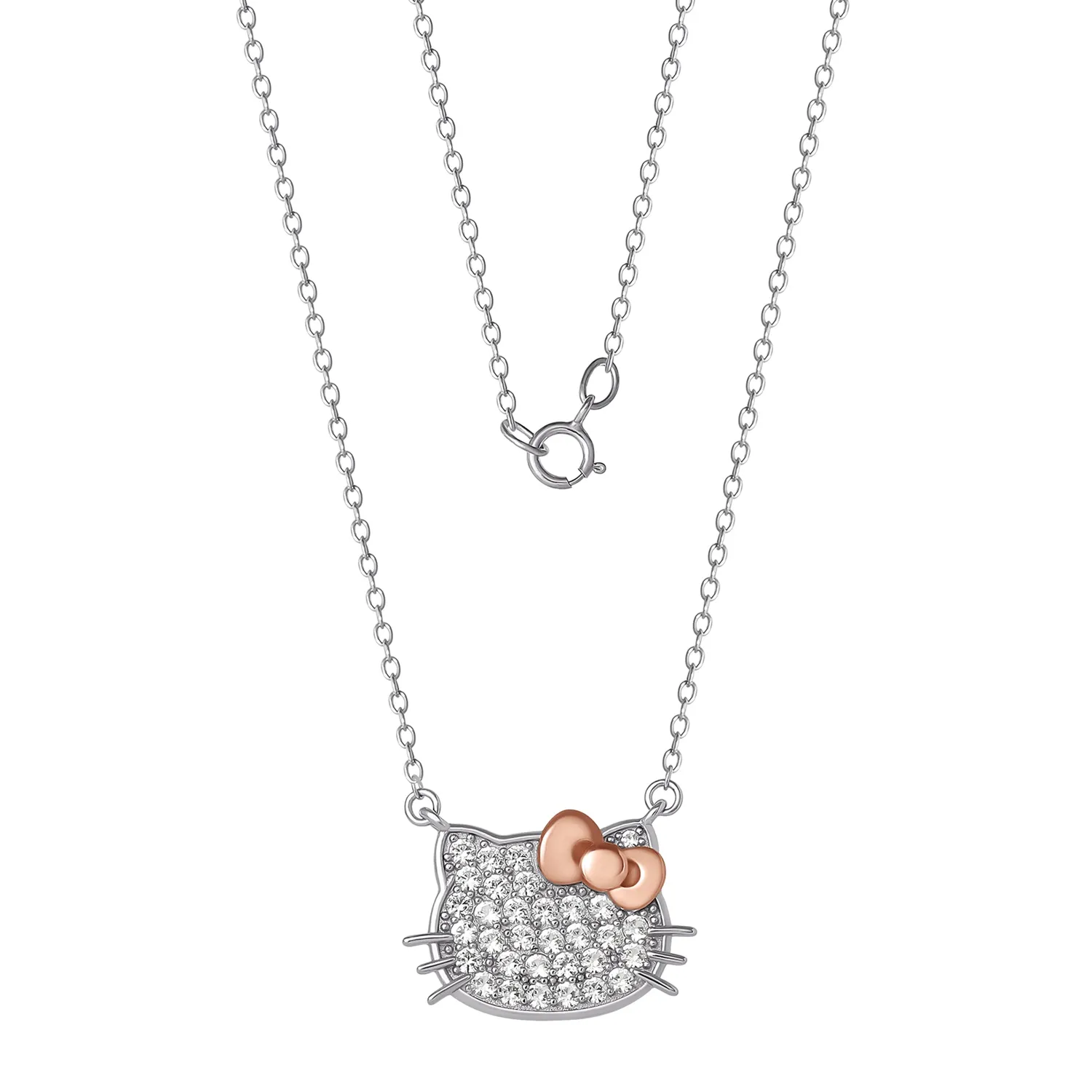 Hello Kitty 18" Two-Tone Gold Plated Pavé Necklace halskjede hvit safir