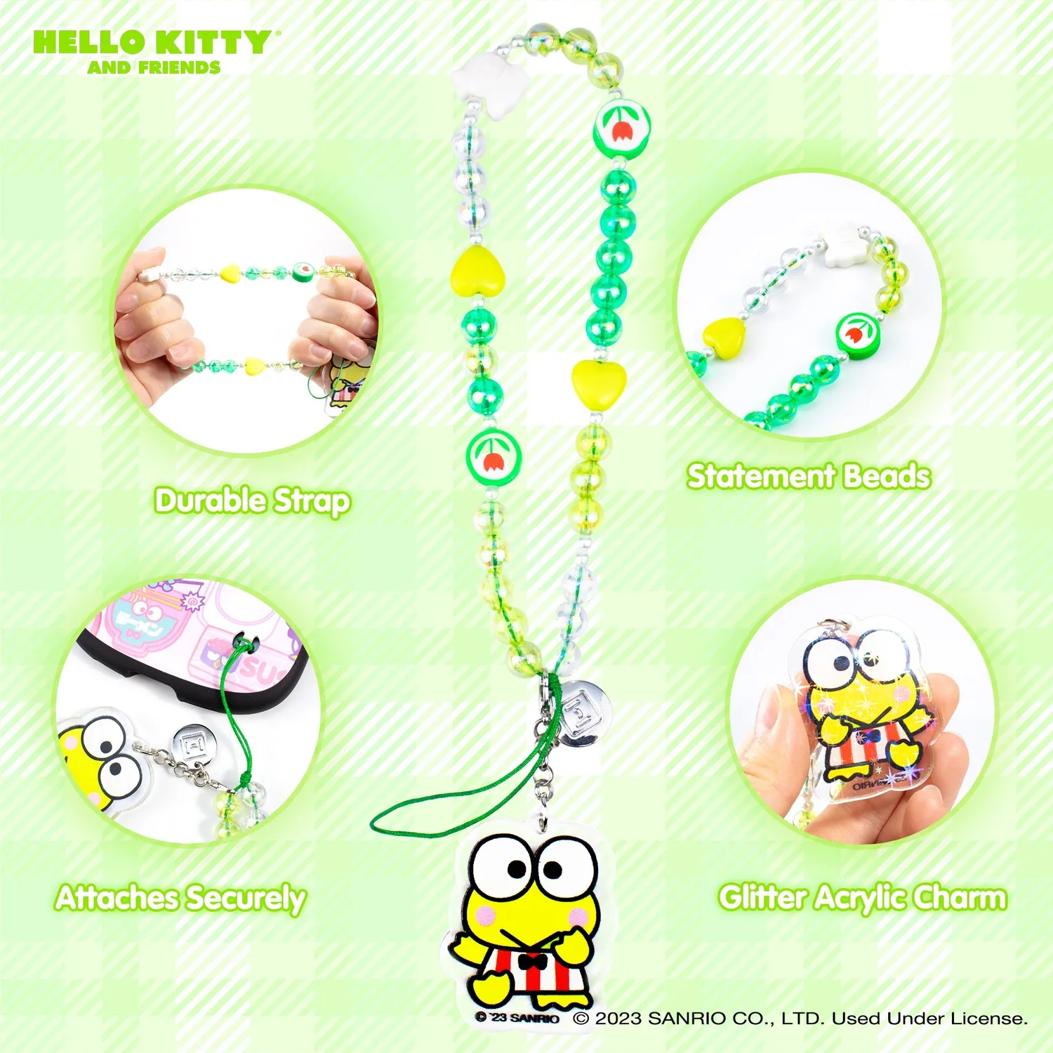 Hello Kitty Keroppi perlebesatt mobilstropp med avtakbart anheng
