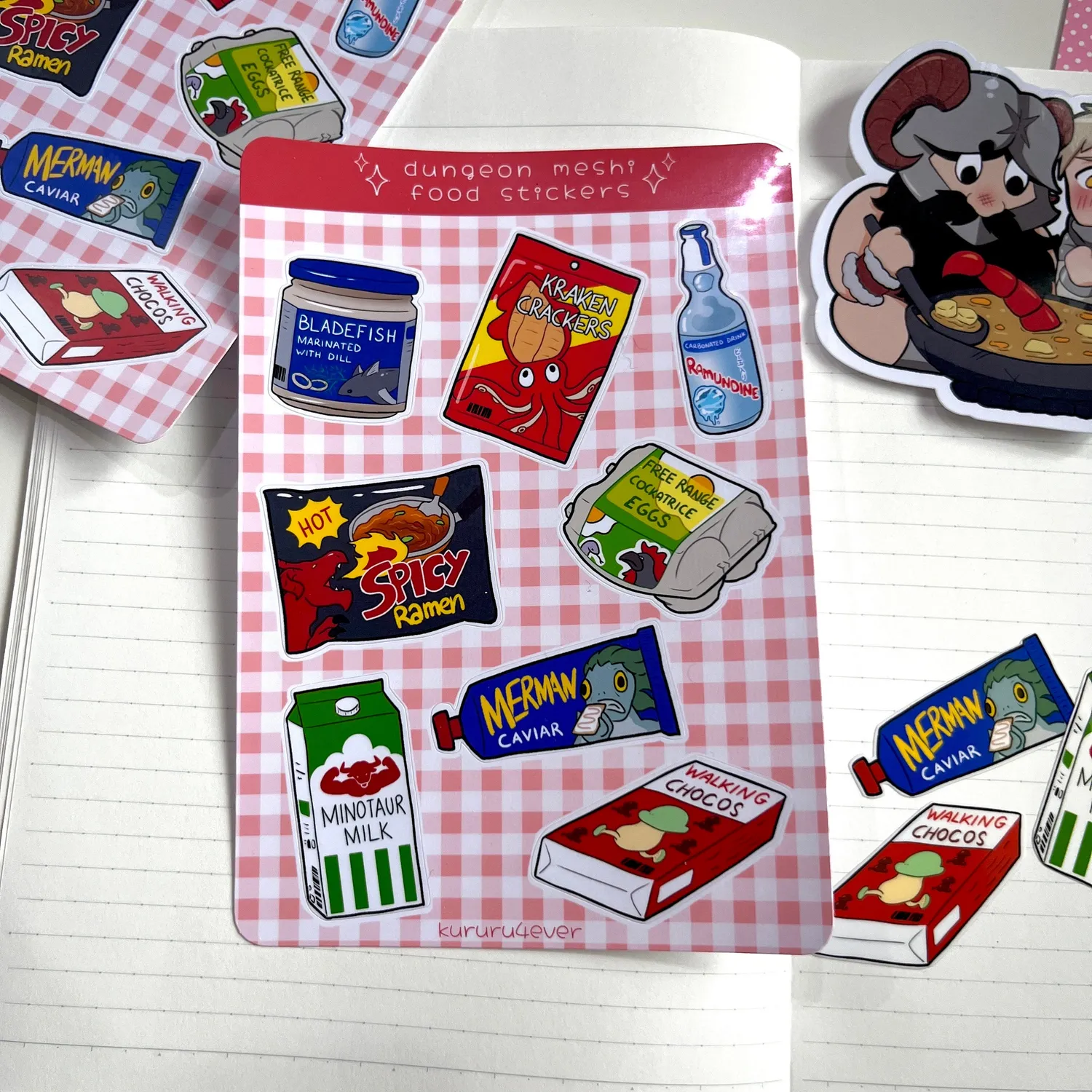 Kururu4ever Delicious in Dungeon Monster Food Sticker Sheet klistremerkeark laminert
