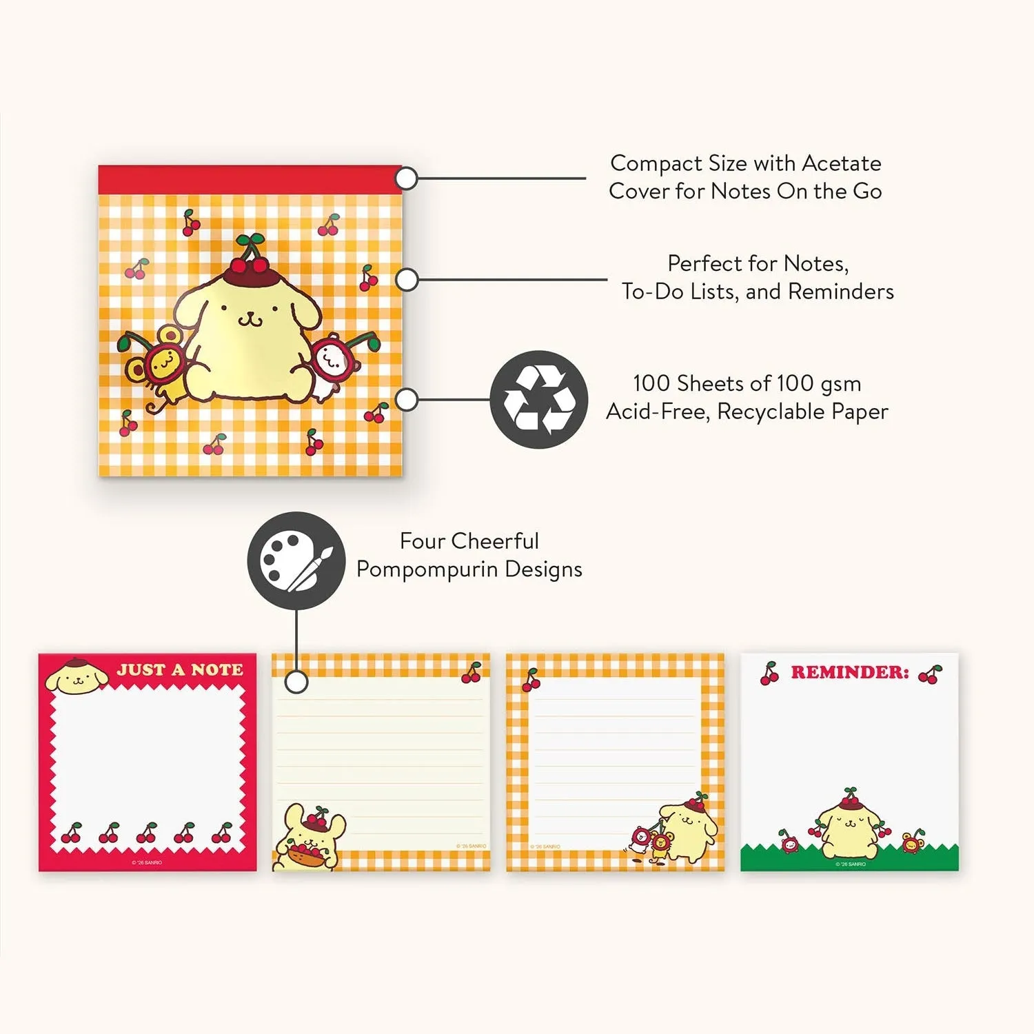 Hello Kitty Pompompurin x Studio Oh! Cherries Mini Notepad notatblokk