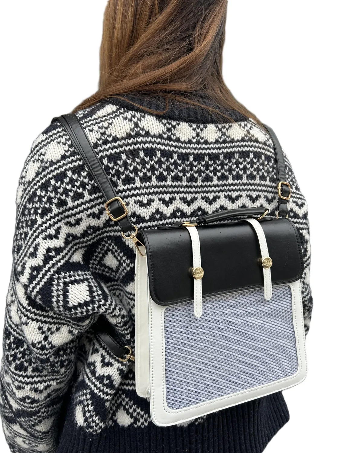 Neo Tokyo Japanese Fashion Shoulder Ita-Backpack ryggsekk svart og hvit