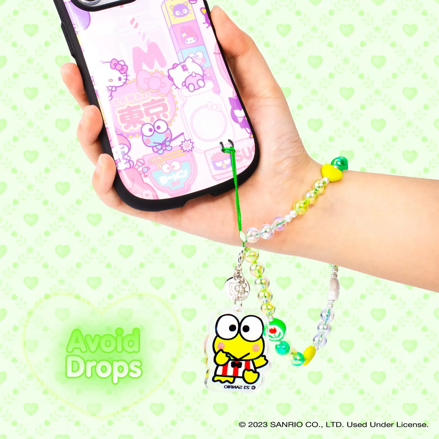 Hello Kitty Keroppi perlebesatt mobilstropp med avtakbart anheng