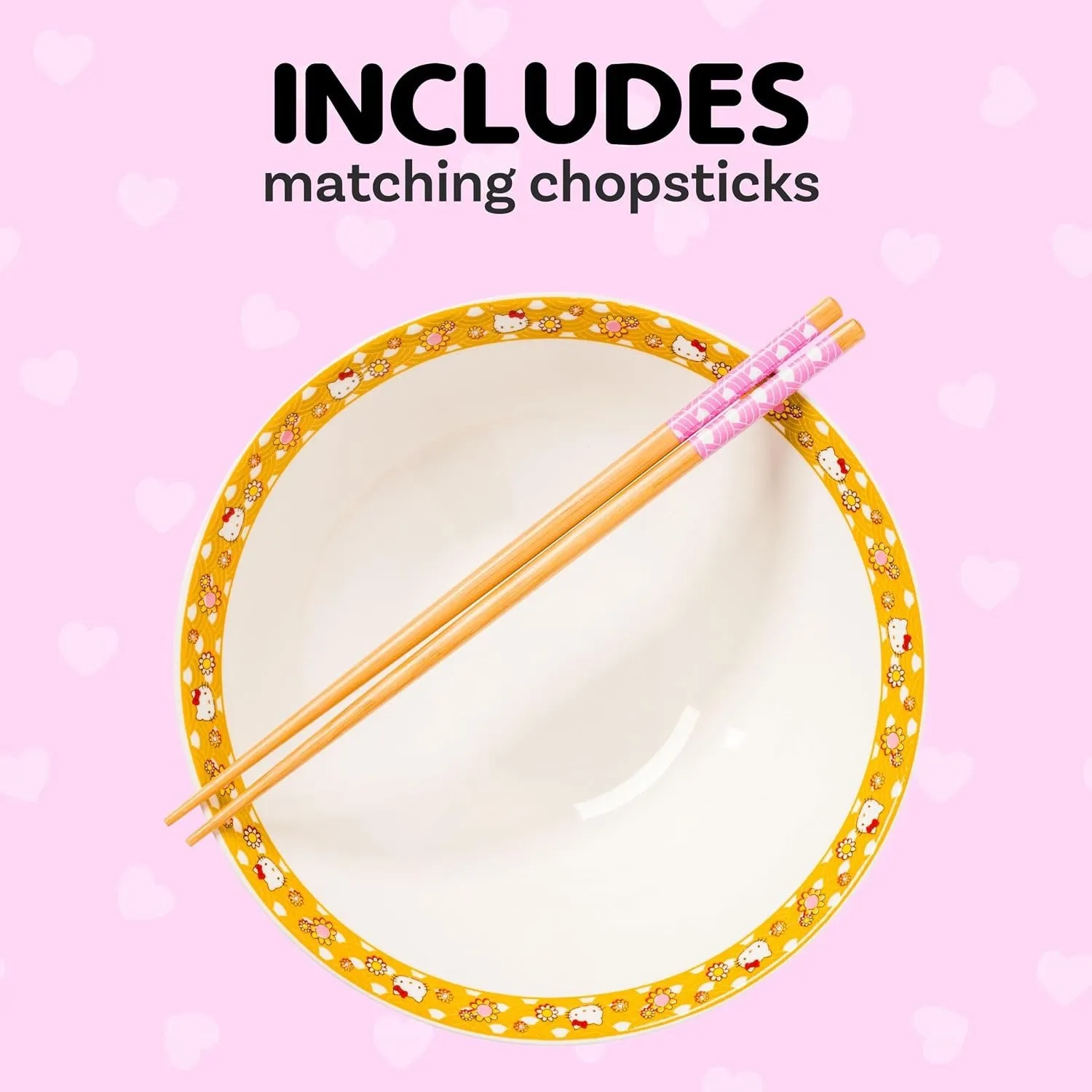 Hello Kitty Ceramic Noodle Bowl and Chopstick Set Golden Flowers nudelskål