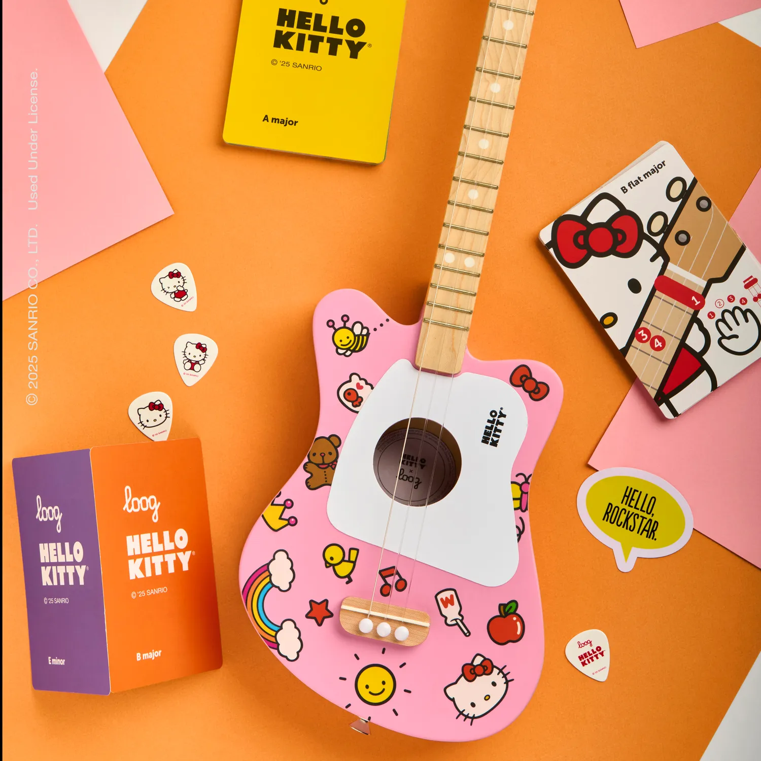 Hello Kitty x Loog Kids Mini akustisk gitar rosa 3-strengers