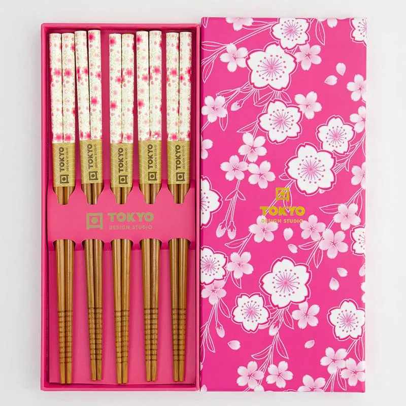Neo Tokyo Chopsticks Gift Box Vivid Pink Sakura spisepinner 5 par bambus