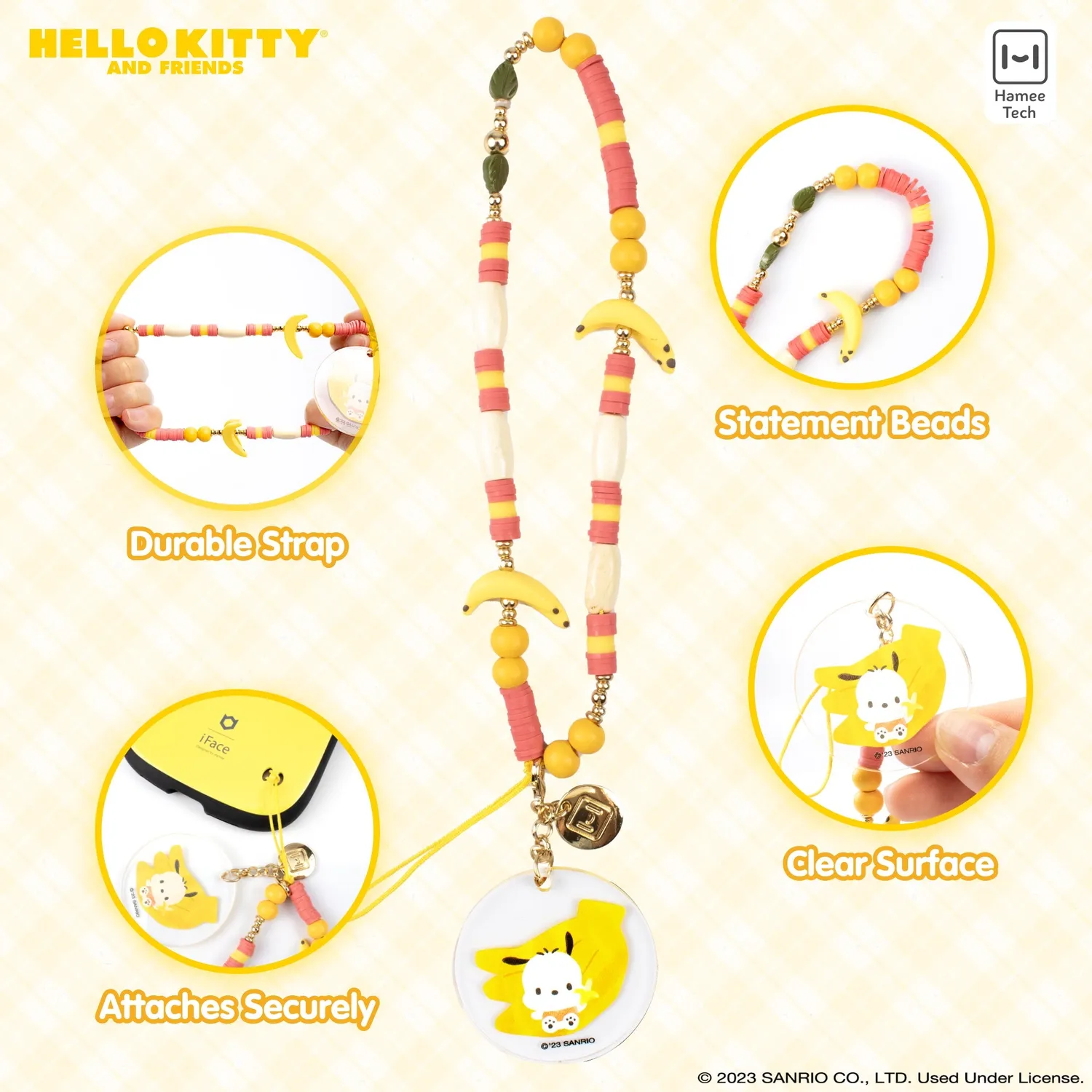 Hello Kitty Pochacco Banana Beaded Charm mobilrem med banandetaljer