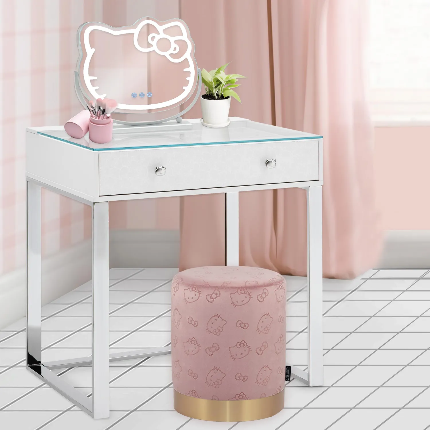 Hello Kitty SlayStation Mini Vanity Table sminkebord gull med glassplate