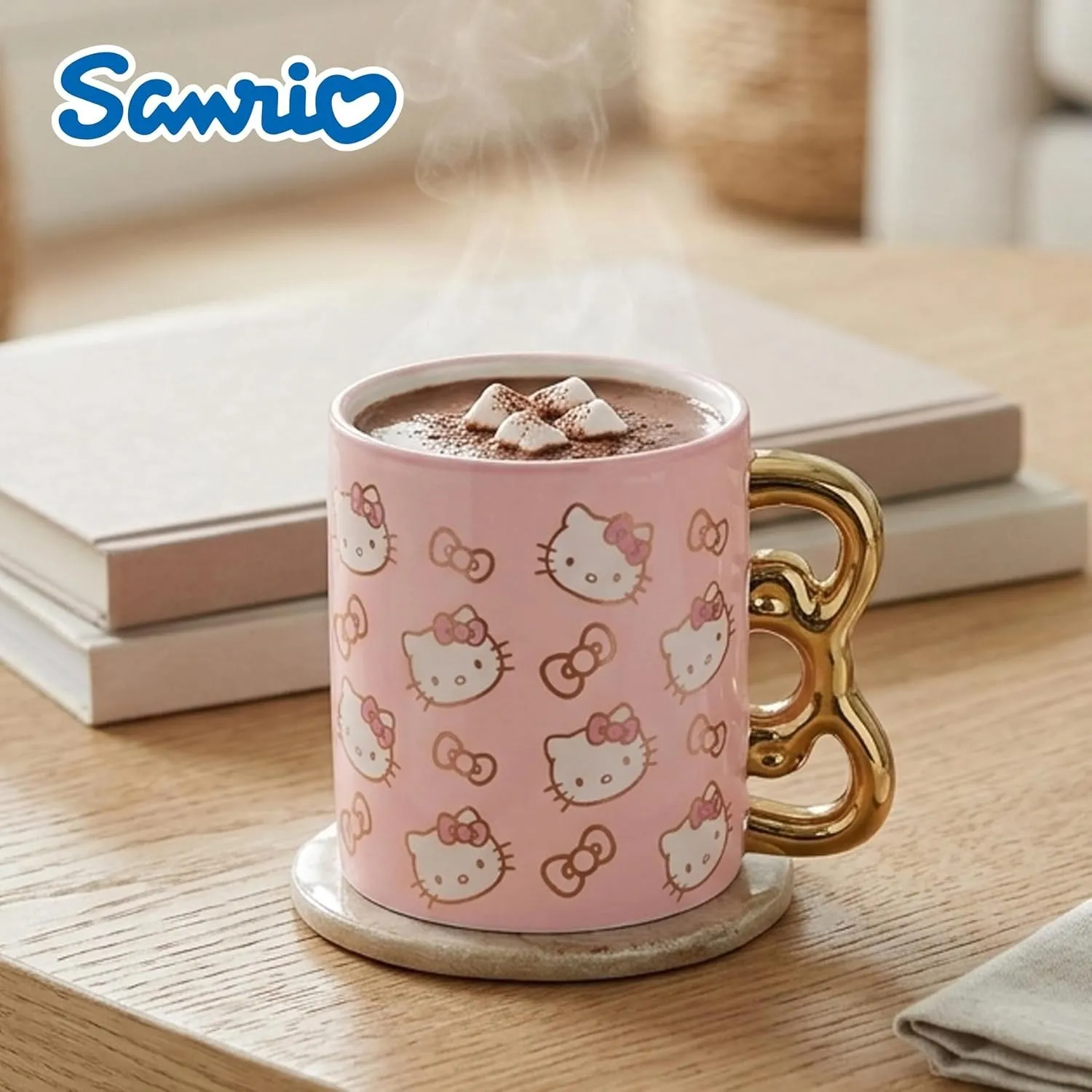 Hello Kitty Sculpted Bow Ceramic Mug Pink & Gold krus 20 oz