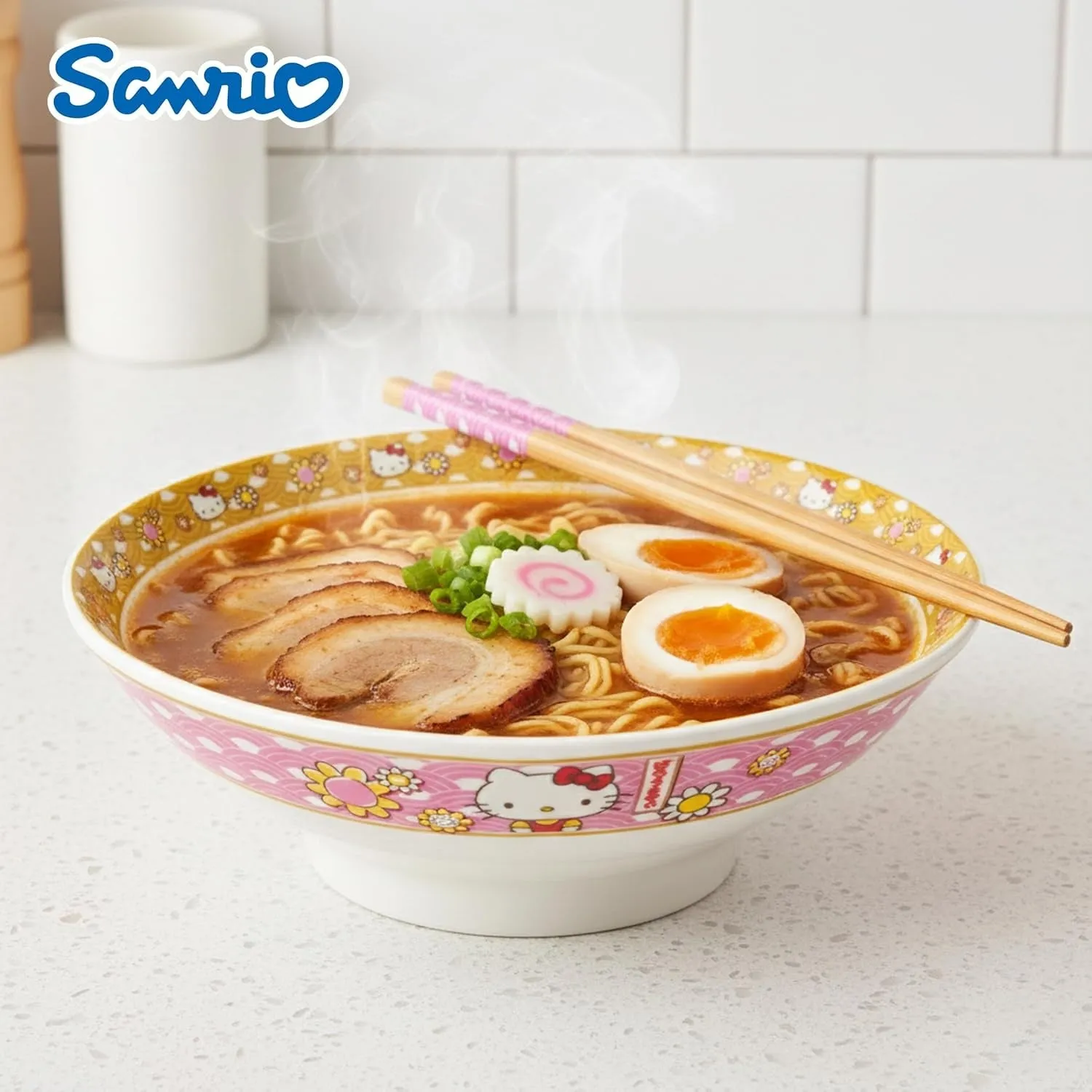 Hello Kitty Ceramic Noodle Bowl and Chopstick Set Golden Flowers nudelskål