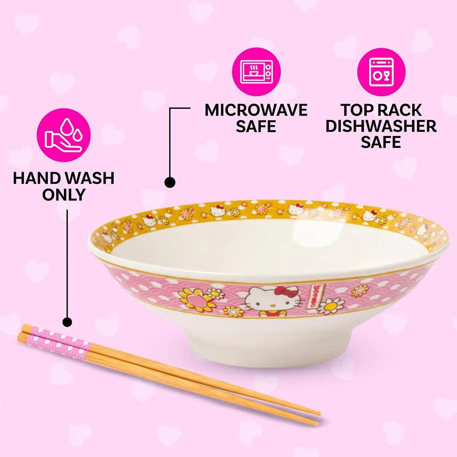 Hello Kitty Ceramic Noodle Bowl and Chopstick Set Golden Flowers nudelskål