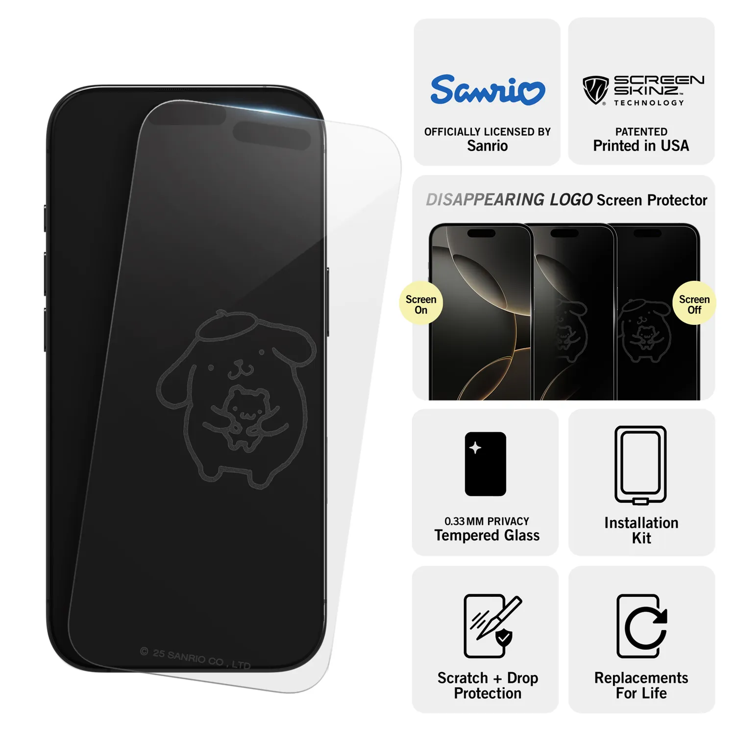 Hello Kitty Screen Skinz Pompompurin Hug skjermbeskytter iPhone 14/13/13 Pro, herdet glass